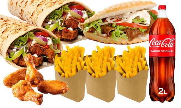 Oferta: 3 Rollos o Pitas + alitas + patatas + bebida 2L