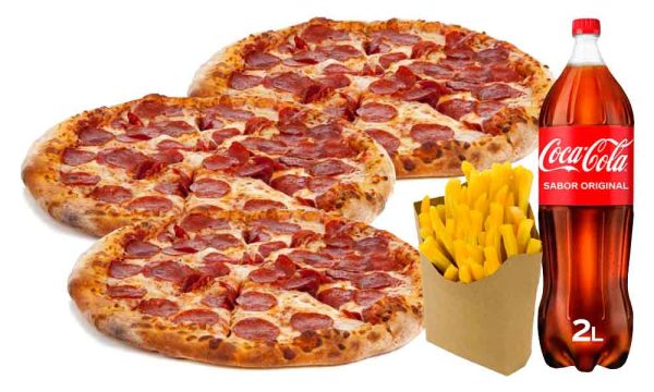 Oferta: 3 Pizzas Medianas + bebida 2L + patatas