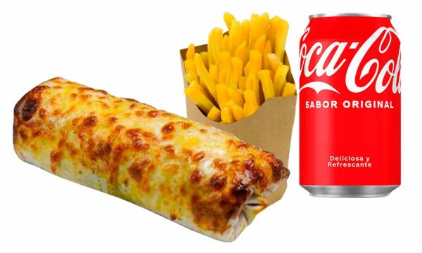 Kebab Rollo gratinado, patatas y bebida